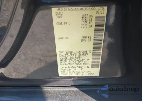 2013 Nissan Altima 3.5 Sv из США, поврежденный, VIN 1N4BL3AP0DN560936